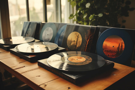 Nostalgic scene with vinyl records and colorful album covers by a sunny windowの素材