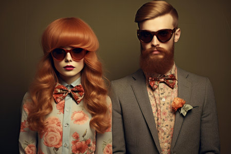 Poised man and woman in retro outfits and shades strike a sophisticated poseの素材