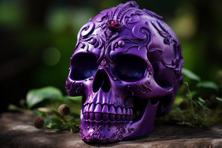 Artistic purple skull with intricate engravings, set against a dark, natural backdropの素材