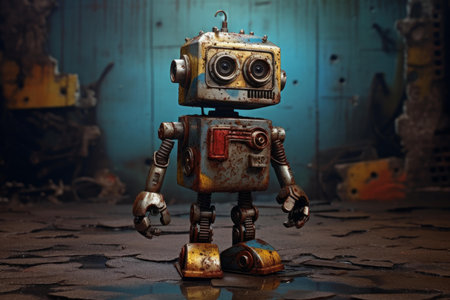 Old-fashioned robot toy stands on a weathered surface with a grunge aesthetic backdropの素材