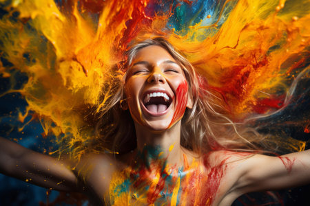 Vibrant portrait capturing a womanâs laughter amid an eruption of colorful paintsの素材