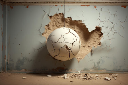 Striking image of a soccer ball bursting through a deteriorating wall, depicting power and breakthroughの素材