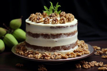 Sumptuous naked carrot cake with creamy frosting and walnuts on a table, garnished with greeneryの素材
