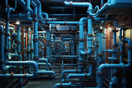 Network of blue pipelines with gauges and valves in an industrial environmentの素材