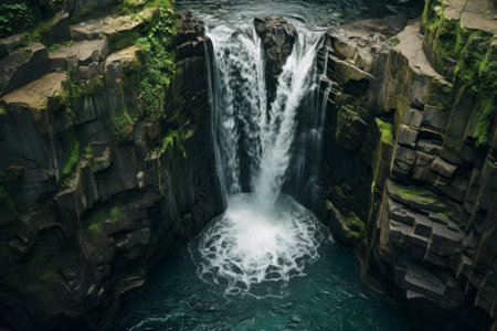 Aerial view of a powerful waterfall cascading into an emerald pool surrounded by rugged cliffsの素材