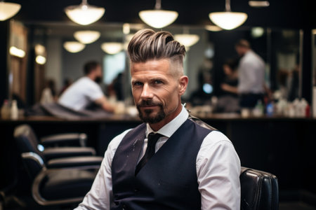 Well-dressed, stylish man looking confident and sophisticated in a modern barbershop chair, getting a trendy haircut from a professional hairstylistの素材