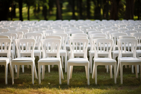 Elegant white chairs set up for an outdoor event in a lush green parkの素材