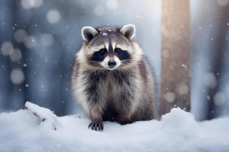 Serene raccoon against a snowy forest backdrop with gentle snowflakes fallingの素材