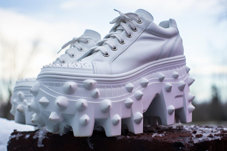 Modern white platform sneakers with a distinctive chunky sole design showcased outdoorsの素材