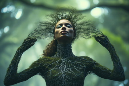 Artistic portrait of a woman embodying a forest nymph, surrounded by ethereal mistの素材