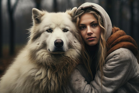 A serene and intimate moment between a young woman and her loyal, large dog amidst a foggy woodland settingの素材
