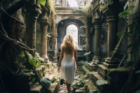 Solitary woman in white wanders through the overgrown remnants of a crumbling, sunlit buildingの素材
