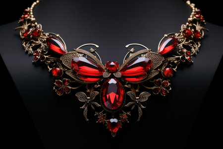 Luxurious jewelry with sparkling red gemstones and gold details showcased on a dark backdropの素材