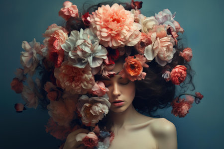 Artistic portrait of a woman with her hair interwoven with a burst of colorful flowersの素材