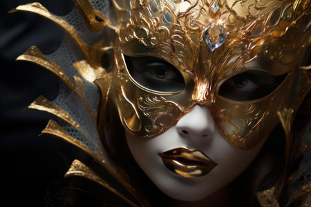 Close-up of an ornate golden venetian mask with intricate details, suggesting mystery and allureの素材