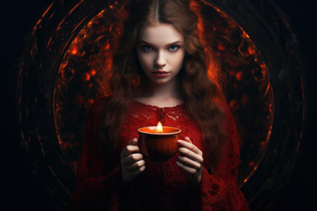 Evocative portrait of a woman in red holding a candle, surrounded by dark, mystical glowの素材