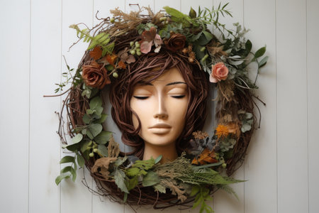 Mannequin head adorned with a natural floral wreath on a white backgroundの素材