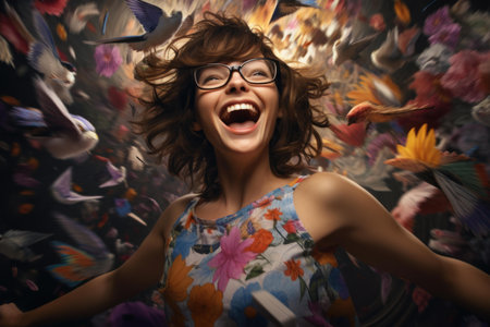Happy child in floral dress laughs amongst a vivid swirl of colorful butterfliesの素材
