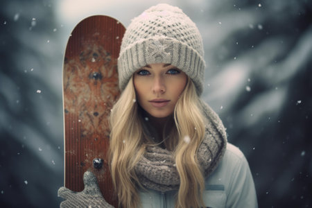 Attractive young woman enjoying winter beauty while holding a snowboard in a snowy landscape at a ski resort. Wearing warm knit hat. Clothing and glovesの素材