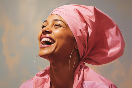 Close-up of a cheerful woman with a vibrant pink headscarf expressing genuine happinessの素材