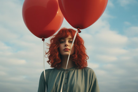 Young woman with vibrant red hair holds heart-shaped balloons, evoking romance and whimsyの素材