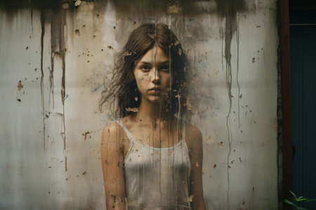 Portrait of a contemplative female in front of a textured, corroded metal wallの素材