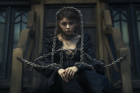 Enigmatic and mysterious woman in chains with haunting gaze and gothic fashion attire. Seated and bound in a captivating and dramatic styled shootの素材