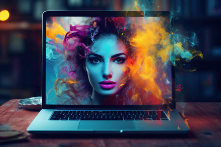 Captivating laptop screen displaying an image of a woman with vibrant smoke effectsの素材