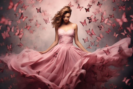 Woman in flowing pink dress surrounded by a flurry of butterfliesの素材
