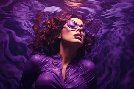 Artistic portrait of a woman with curly hair and sunglasses, floating peacefully in vibrant purple waterの素材