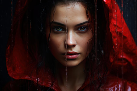 Intense portrait of a young woman with a red veil, gazing into the camera as raindrops stream down her faceの素材