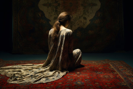 Serene woman sits in contemplation, draped in a classic gown, against a tapestry backdropの素材