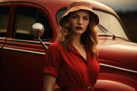 Fashionable woman in a red outfit posing by a classic car at twilightの素材