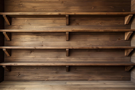Empty dark brown wooden shelves mounted on a matching rustic wallの素材