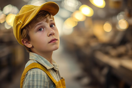 Portrait of a pensive young boy wearing a cap, with a blurred industrial settingの素材