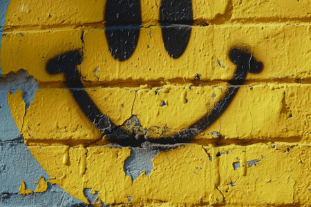 Urban street art featuring a black smiley face painted on a vibrant yellow, cracked wallの素材