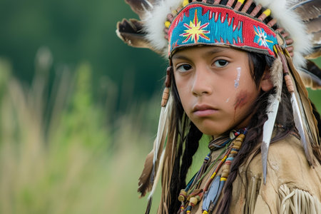 Solemn child with painted face dons elaborate native american attire against a natural backdropの素材