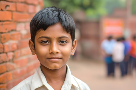 Close-up of a cheerful young boy with a subtle smile in an outdoor urban environmentの素材