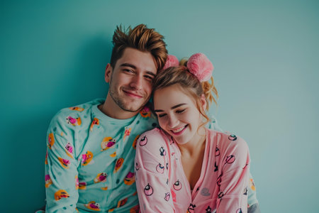 Smiling young man and woman hugging, wearing whimsical pajamas against a teal backgroundの素材