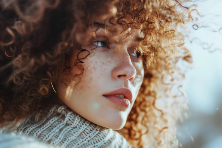 Close-up portrait of a woman with curly hair backlit by warm sunlightの素材