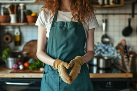 Person in an apron stands at the ready in a cozy, well-equipped kitchenの素材