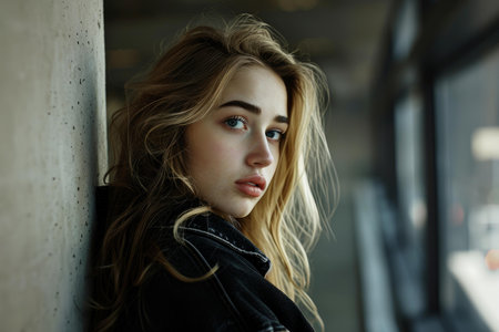 Close-up of a thoughtful young woman with flowing hair gazing awayの素材