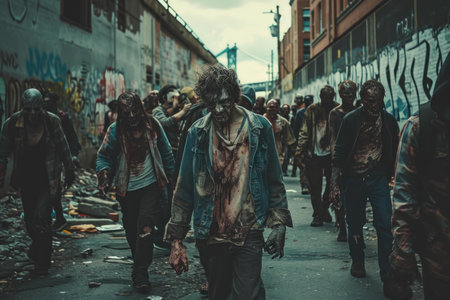 The spine-chilling urban zombie apocalypse scene in a post-apocalyptic cityscape. Featuring a group of monstrous undead creatures walking through a crowded and graffiti-covered alley. Hauntingの素材