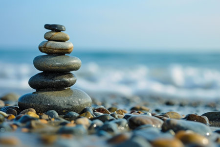 Peaceful stack of seven smooth stones on a pebble beach with a blurry ocean backdropの素材