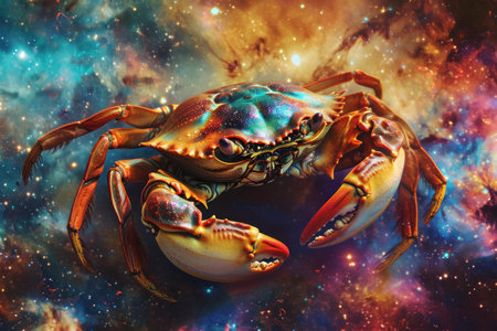 Vibrant cosmic crab nebula digital illustration with surrealistic fantasy animal in a galactic starry sky background, representing astrological sign cancer in the universeの素材