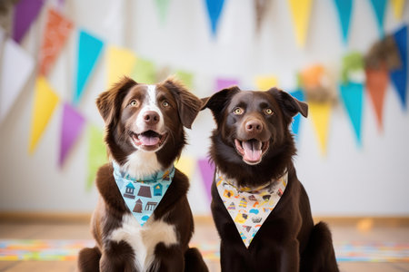 Two cheerful dogs wearing party bandanas with festive background decorationsの素材