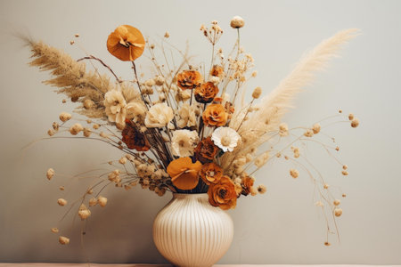 Stylish bouquet of dried flowers and autumnal foliage in a white ceramic vaseの素材