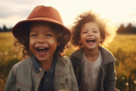 Jovial Happy two kid smiling faces. Closeup photo face of cute guys. Generate AIの素材