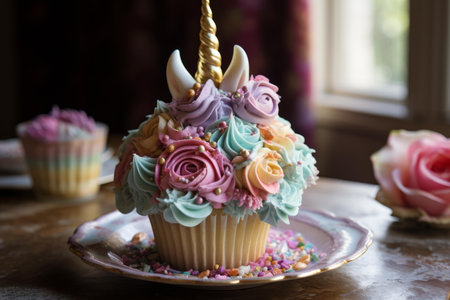 A whimsical unicorn-themed cupcake with colorful frosting, set on a beautiful plateの素材
