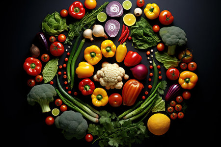 Top view of colorful vegetables artistically arranged on a black surface, creating a vibrant food patternの素材